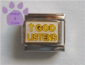 GOD LISTENS Italian Charm on white with a yellow cross