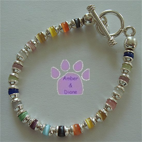 Multi-Color Cat's Eye Bead Sterling Silver Toggle Bracelet