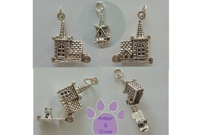 Church Wedding Sterling Silver Pendant opens to show bride and groom charm