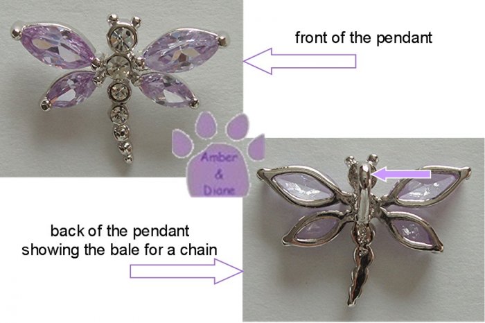 Dragonfly Sterling Silver Pendant with pale lavender cubic zirconium charm