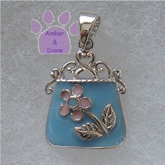 Handbag Sterling Silver Pendant blue purse pink flower charm