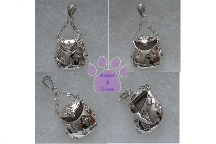 Handbag Sterling Silver Pendant with clear cubic zirconium OPENS purse charm
