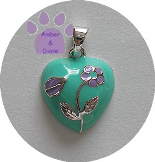 Heart with Flower Sterling Silver Pendant aqua and lavender charm