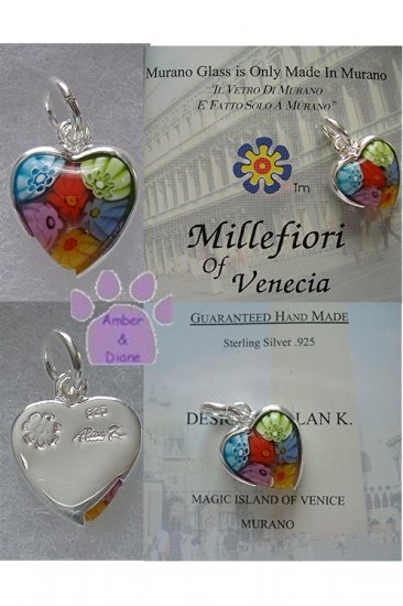 Millefiori Heart Shaped Pendant Murano Glass Hand Made charm set in sterling silver