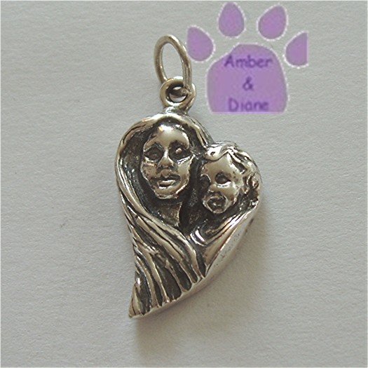 Mother and Child Sterling Silver Pendant shaped in a heart charm