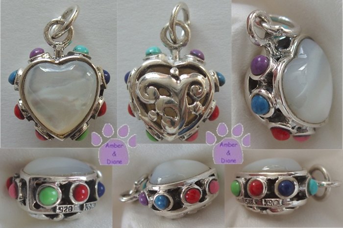 Mother of Pearl Sterling Silver Heart Pendant reversible - multi-gemstone
