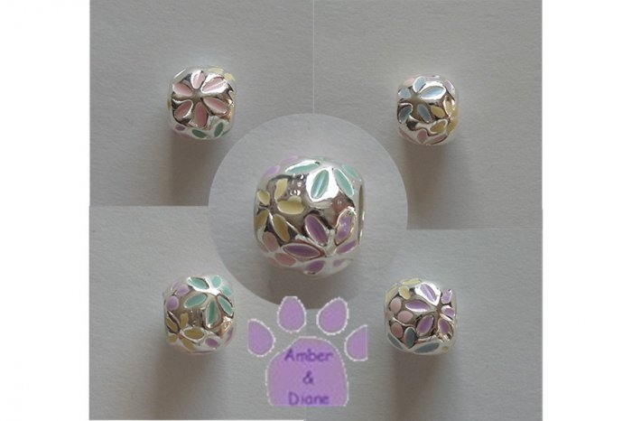 Multi-Colored Epoxy Flowers Sterling Silver Slider or Bead
