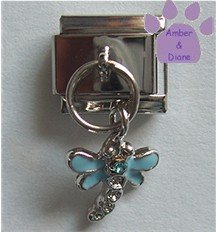 Dragonfly Dangle Italian Charm with a blue crystal head