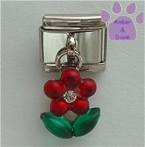 Ruby Red Flower Dangle Italian Charm green leaves - July Birthday