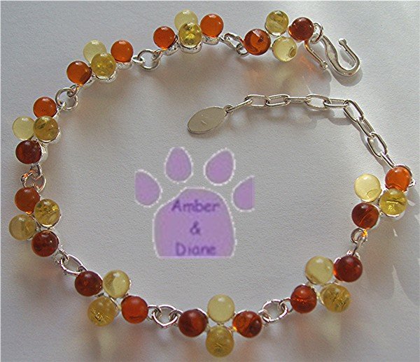 Cognac and Lemon Amber Sterling Silver Bracelet round amber drop