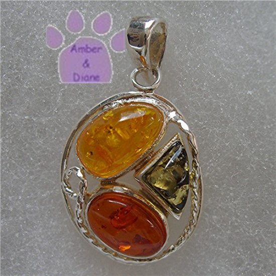 Cognac, Honey & Green Amber Oval Sterling Silver Pendant charm