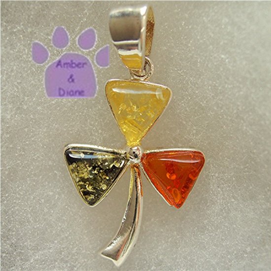 Green, Lemon and Honey Amber Sterling Silver Pendant shamrock clover charm