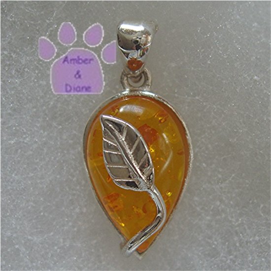 Honey Amber Teardrop Sterling Silver Pendant with silver leaf design charm
