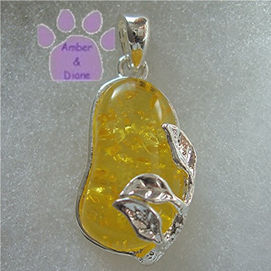 Lemon Amber Silver Pendant with sterling silver leaf design charm