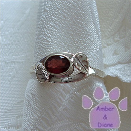 Garnet Sterling Silver Ring with leaf design size 9