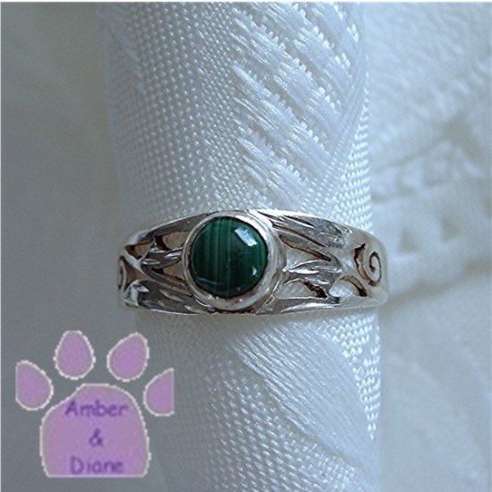 Malachite Sterling Silver Ring with filigree design size 6