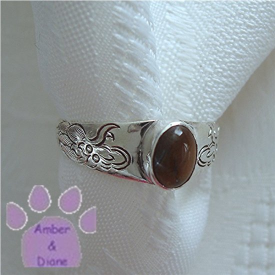 Tiger Eye Sterling Silver Ring DRAGONS engraved on band size 9