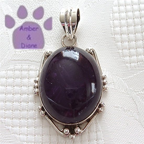 Amethyst Large Oval Sterling Silver Pendant in a beaded frame charm