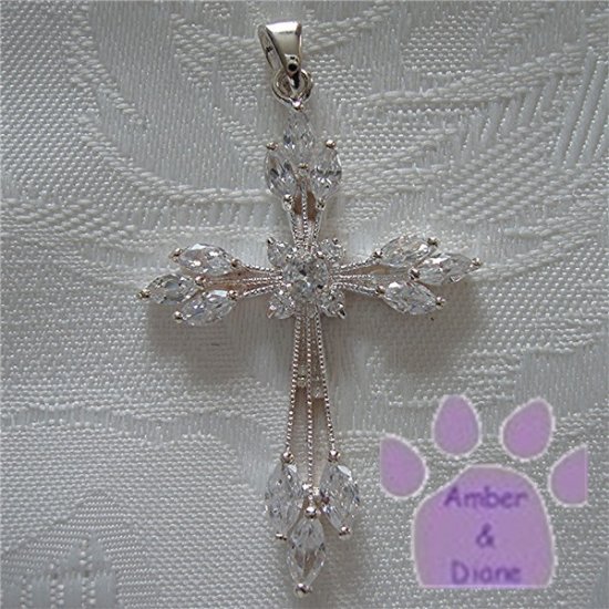Cross Sterling Silver Large Pendant with Marquise Cubic Zirconia