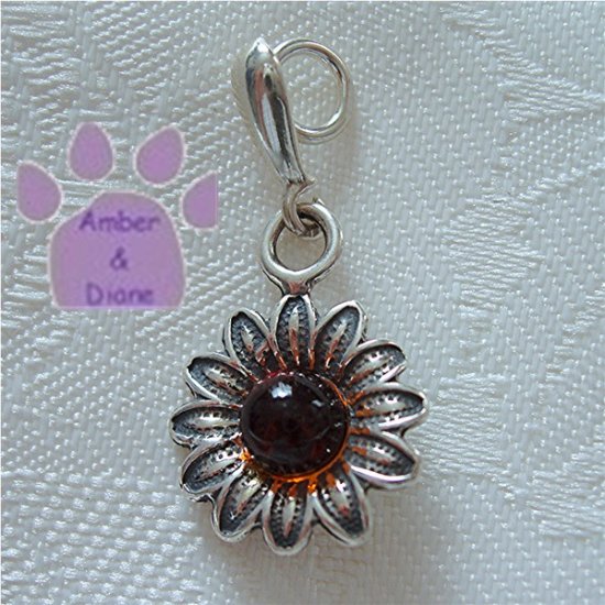 Amber Flower Sterling Silver Pendant charm in a simple frame