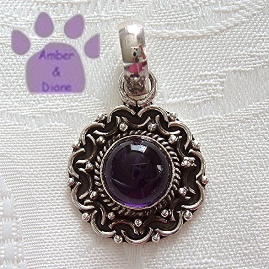 Amethyst Round Sterling Silver Pendant in a scalloped frame