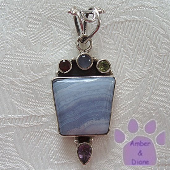 Banded Blue Agate Trapezoid Sterling Silver Multigem Pendant