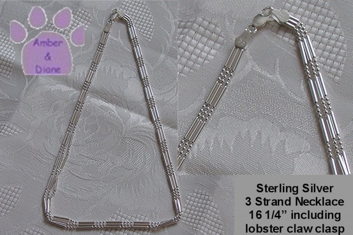 Sterling Silver Bead and Tube Chain 16 inches -3 strands- Italy