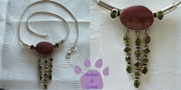 Rhodonite and Peridot Necklace Sterling Silver 17 inch Snake Chain