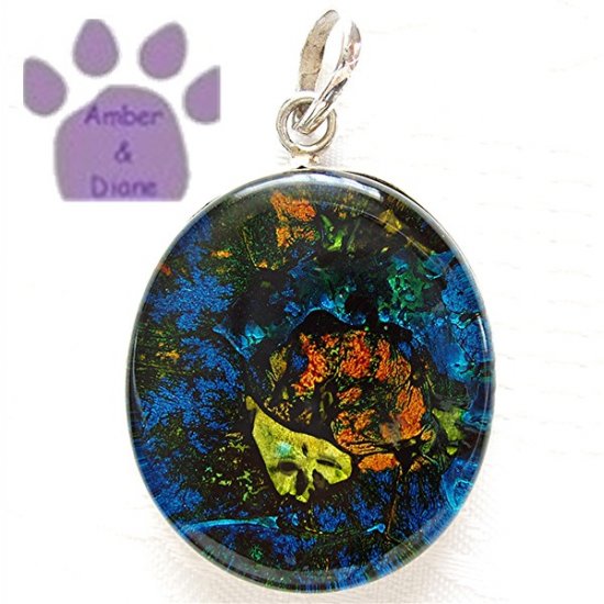 Dichroic Glass Sterling Silver Pendant oval blue, orange, yellow
