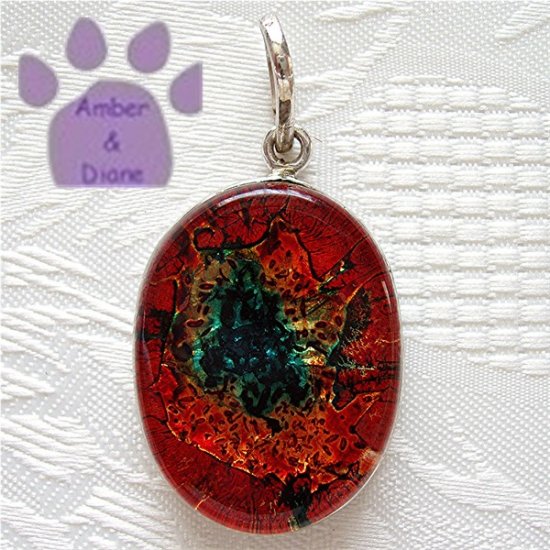 Dichroic Glass Sterling Silver Pendant oval red, orange, green