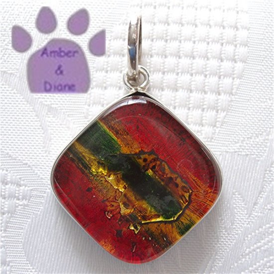 Dichroic Glass Sterling Silver Pendant square red, yellow, green