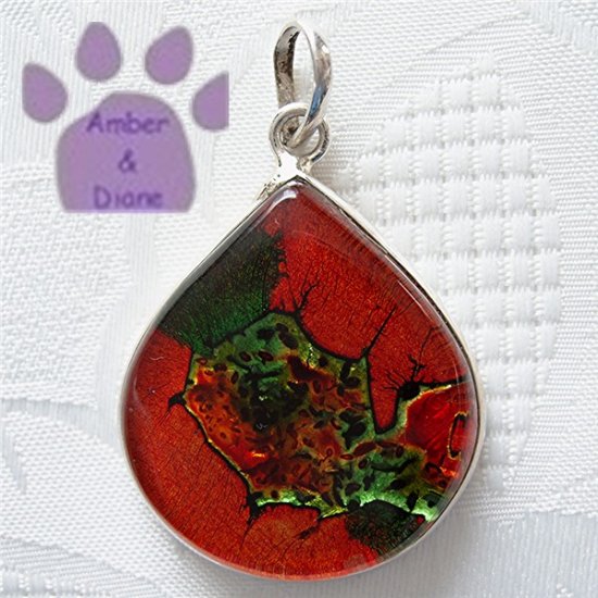 Dichroic Glass Sterling Silver Pendant teardrop orange and green