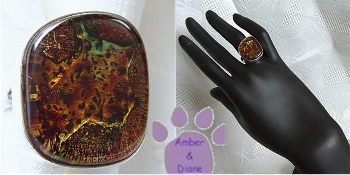 Dichroic Glass Sterling Silver Ring copper, yellow, green sz 8.5