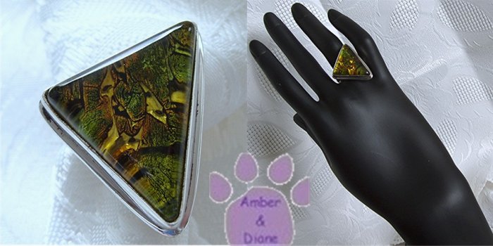Dichroic Glass Sterling Silver Ring green yellow triangle sz 8.5