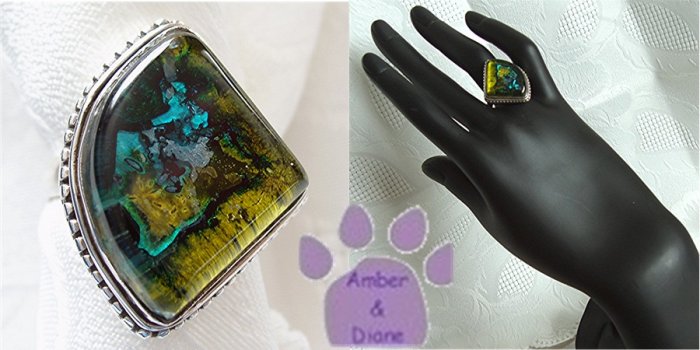 Dichroic Glass Sterling Silver Ring yellow, blue fan size 9.5