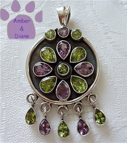 Amethyst and Peridot Flower Sterling Silver Pendant with gemstone drops
