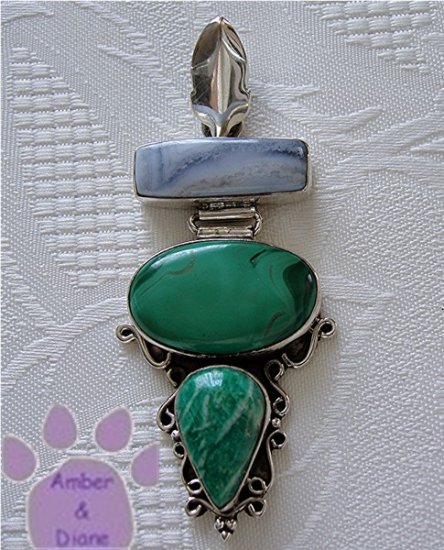 Blue Agate, Malachite and Amazonite Sterling Silver Pendant