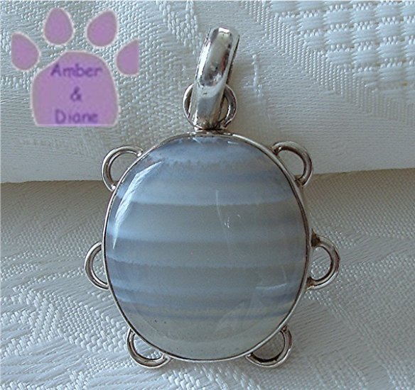 Blue Lace Agate Sterling Silver Pendant oval striped