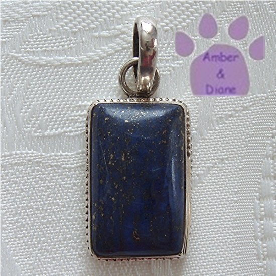 Blue Lapis Rectangular Sterling Silver Pendant with a beaded frame