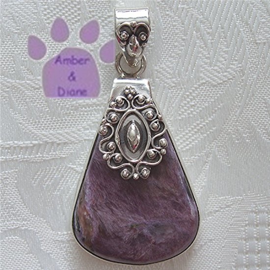Charoite Sterling Silver Fancy Pendant Purple Teardrop