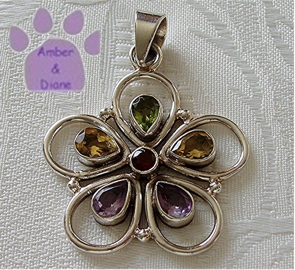 Gemstone Flower Sterling Silver Pendant garnet citrine amethyst peridot