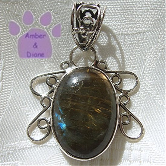 Laboradorite Oval Sterling Silver Pendant in a silver filigree frame