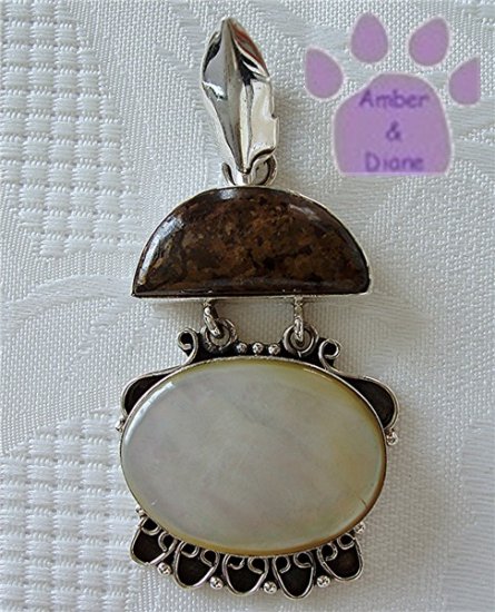 Mother of Pearl and Petrified Wood Sterling Silver Pendant