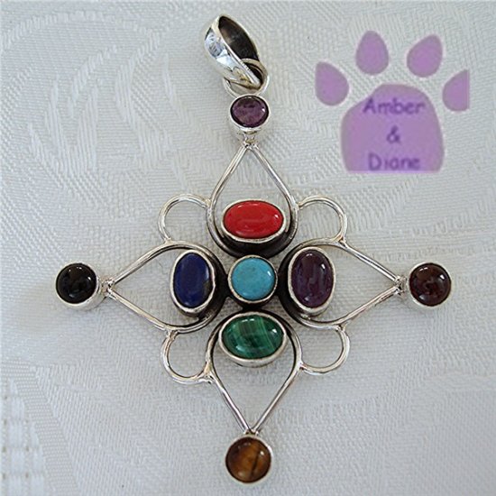 Multiple Gemstones Sterling Silver Pendant Coral to Turquoise North Star
