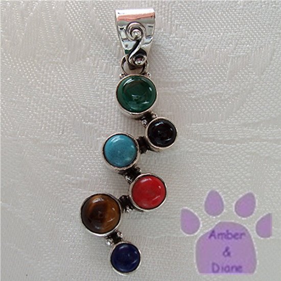 Multiple Gemstones Sterling Silver Pendant Malachite to Lapis zig zag set