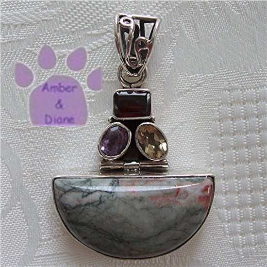 Ocean Jasper Half-Moon Sterling Silver Multigem Pendant