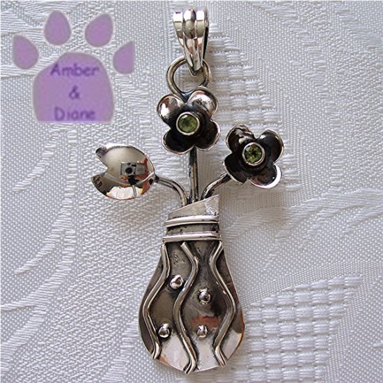 Peridot Flowers in a Sterling Silver Decorative Vase Pendant