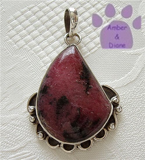 Rhodonite Sterling Silver Pendant teardrop deep coral pink and black