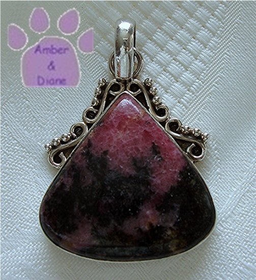 Rhodonite Sterling Silver Pendant teardrop coral pink & black