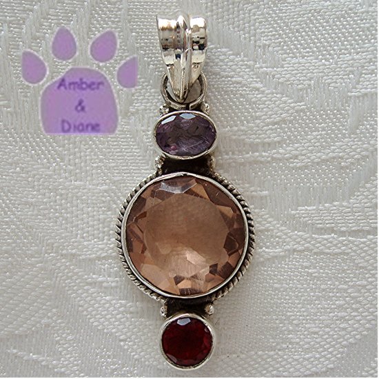 Rose Quartz Round Sterling Silver Pendant with Amethyst and Garnet